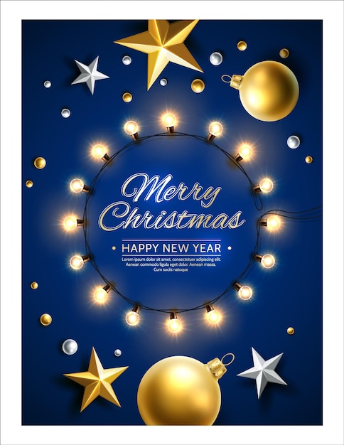 Cartel de feliz navidad y próspero año nuevo árbol de navidad realista bolas de juguete estrellas guirnalda brillante