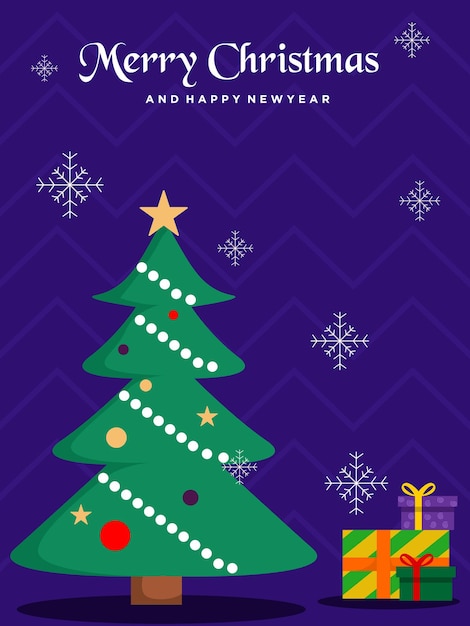 cartel de feliz navidad y próspero año nuevo con árbol y regalo y fondo de patrón púrpura