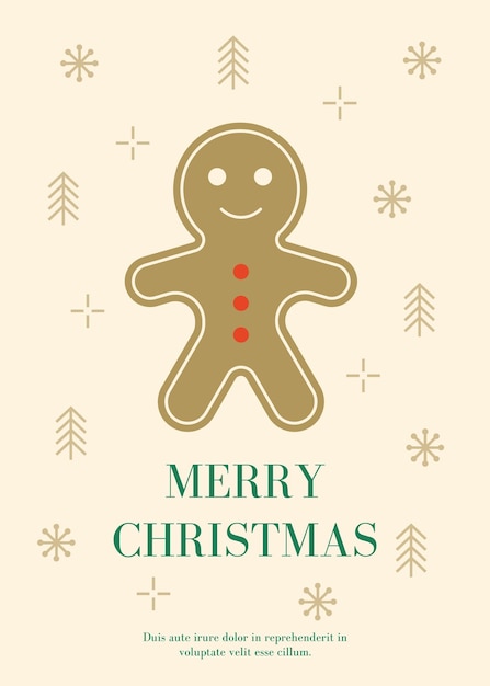 Cartel de feliz Navidad. Tarjeta de felicitación con hombre de pan de jengibre, volante, fondo. plantilla vectorial