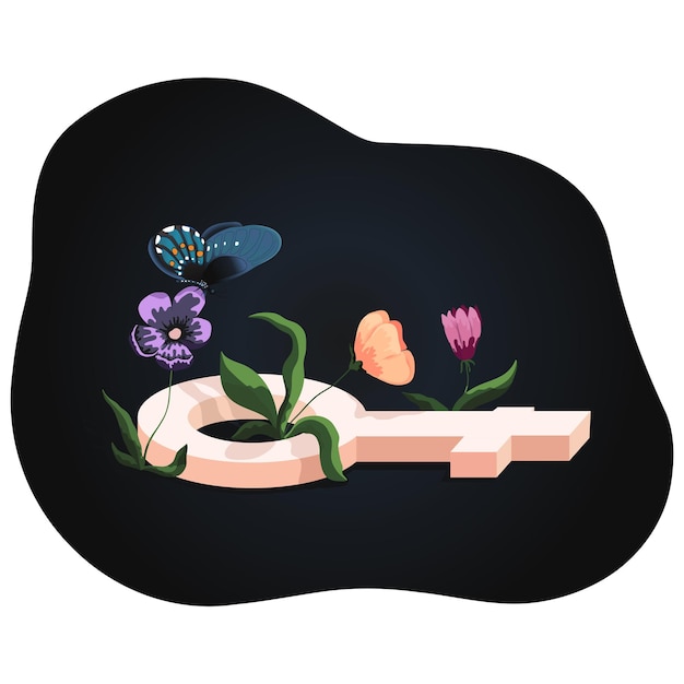 Un cartel feminista rosa yace en la hierba, las flores crecen alrededor. Plantas y mariposas brillantes. El símbolo perdido y olvidado está decorado con flores sobre un fondo oscuro.