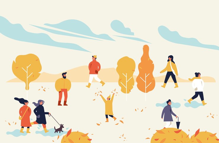 cartel de la feria de otoño, volante o pancarta o plantilla de pancarta con personas disfrutando de su tiempo al aire libre en el parque. Recreación y evento público de la temporada navideña de otoño.