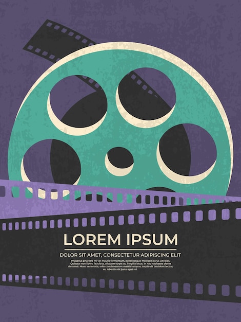 Cartel de festival de cine vintage con carrete de película y tiras de película cruzadas