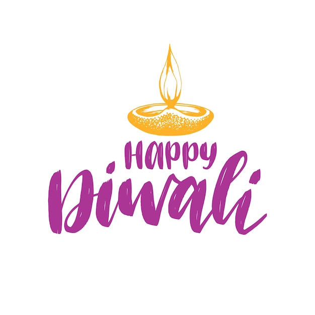 Cartel del festival de diwali con letras a mano. ilustración de lámpara para tarjeta de felicitación o invitación de vacaciones indias.