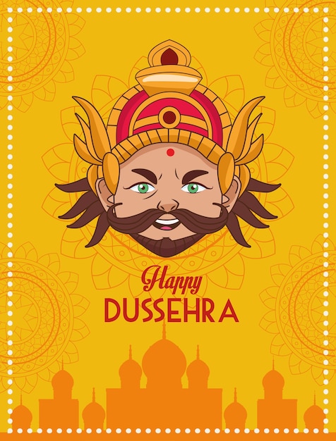 Cartel del festival feliz dussehra con cabeza de ravana con edificio de mezquita