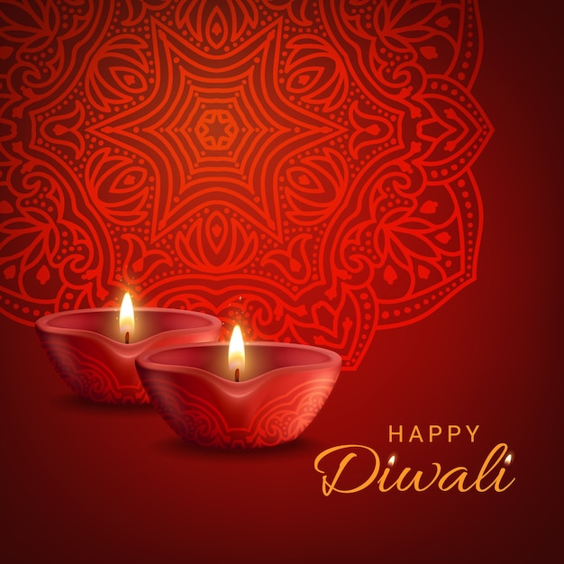 Cartel del festival indio de luces de diwali. decoración de vacaciones hindú deepavali, velas encendidas y mandala tradicional sobre fondo rojo. diseño de tarjeta de felicitación feliz diwali con lámparas 3d realistas