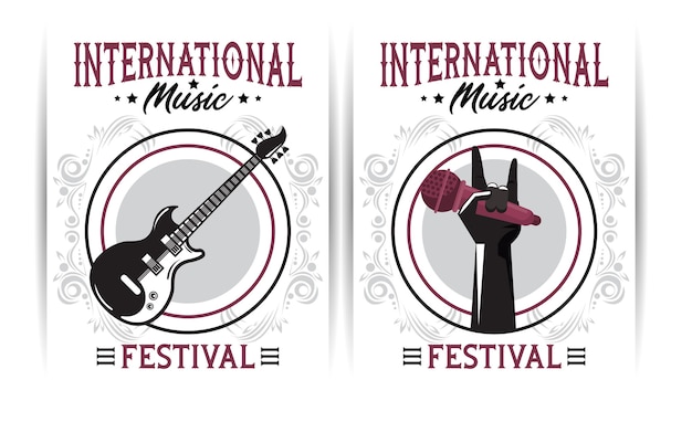 Vector cartel del festival internacional de música con guitarra eléctrica y micrófono de mano