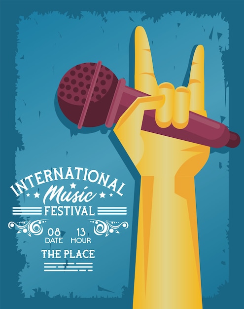 Vector cartel del festival internacional de música con micrófono de levantamiento de mano y letras