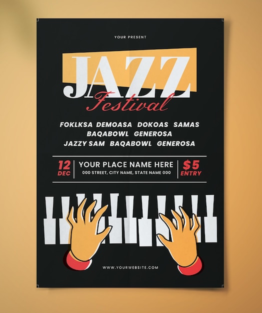 Vector un cartel para el festival de jazz con las manos en las teclas.