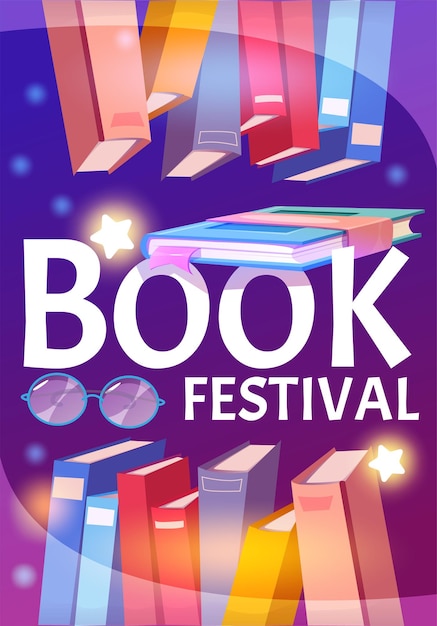 Cartel del festival del libro Banner con libros voladores y libros de texto gafas isométricas y estrellas brillantes Volante con vacaciones de aprendizaje Estudio aprendizaje y concepto de conocimiento Ilustración de vector plano de dibujos animados