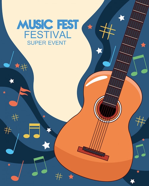 Cartel del festival de música con ilustración de guitarra acústica