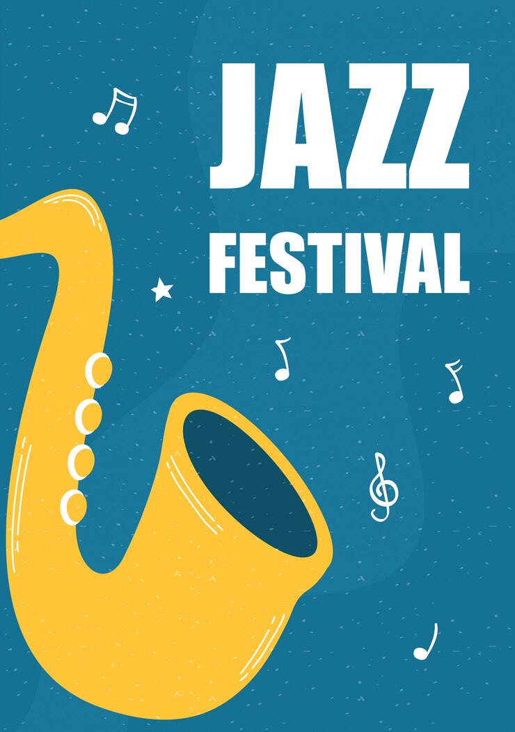 Vector cartel del festival de música de jazz con instrumento de saxofón