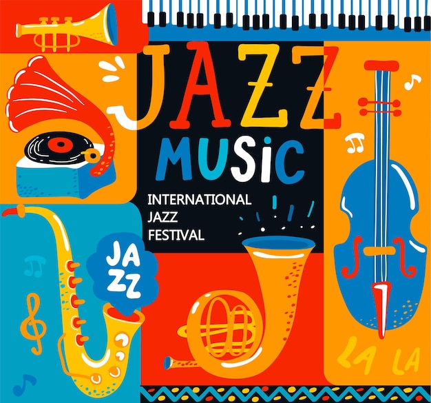 Cartel para el festival musical de jazz con instrumentos musicales clásicos: violonchelo, corneta, tuba, clarinete, saxofón y gramófono. Letras dibujadas a mano. Ilustración de vector para eventos musicales, conciertos de jazz.