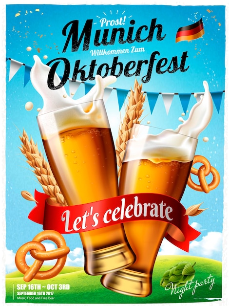 Cartel del festival oktoberfest, salpicaduras de cerveza con pretzel y trigos aislados en el cielo azul en la ilustración 3d, oktoberfest significa festival de la cerveza en alemán