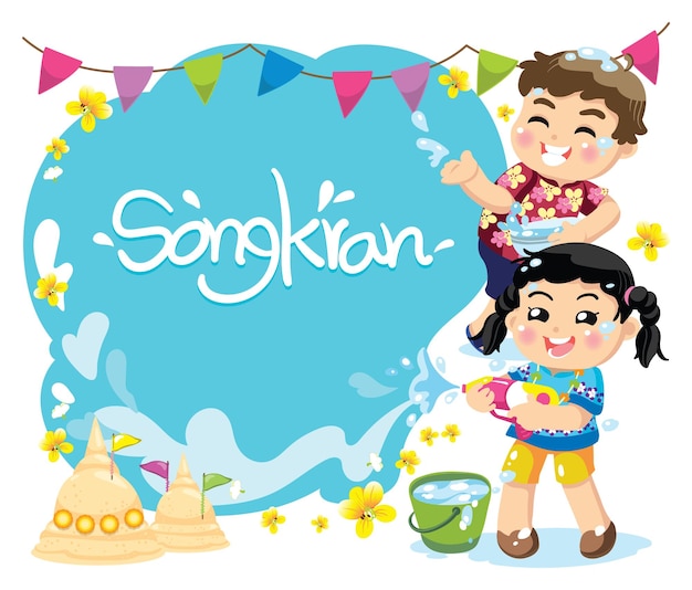 Vector un cartel para el festival de songkran, los niños disfrutan del agua salpicando agua.