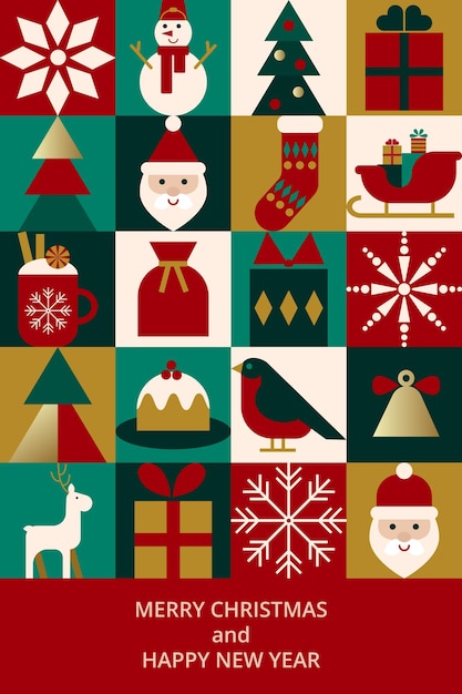 Cartel festivo de Feliz Navidad con patrón en estilo bauhaus y tipografía Forma geométrica mínima