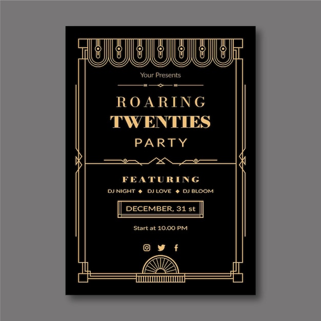 Cartel de fiesta art deco de diseño plano con dj