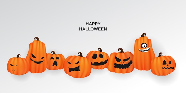 Cartel de fiesta de arte de papel de Halloween. Establecer calabazas de colección Diseño de concepto de fondo de carnaval aterrador y divertido