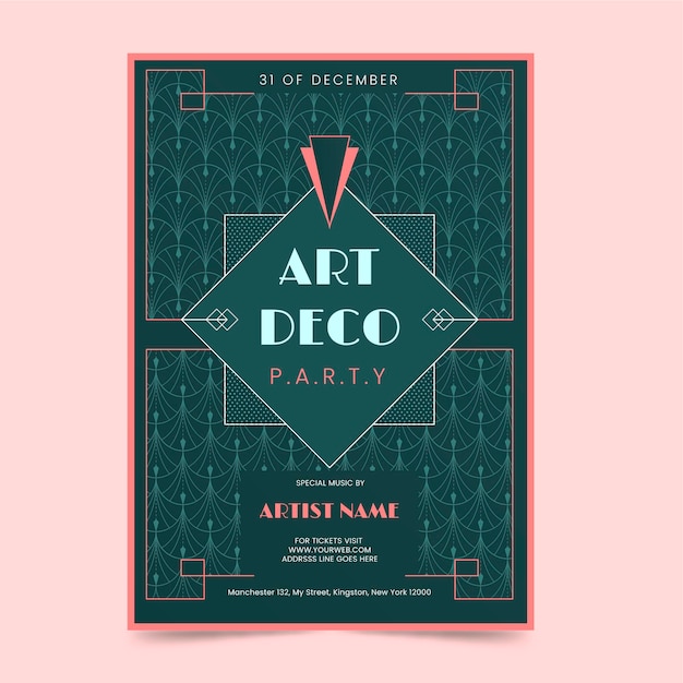 Cartel de fiesta azul art deco de diseño plano