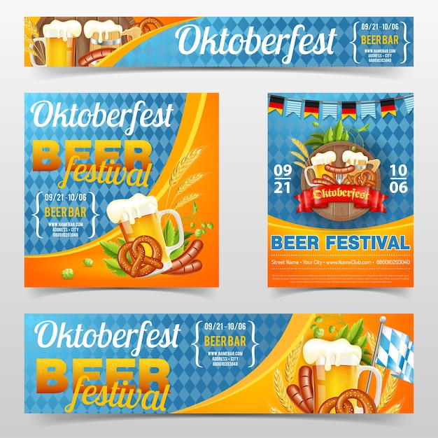 Cartel de fiesta de celebración de oktoberfest beer festival y pancarta con barril, vaso de cerveza, cebada, lúpulo, pretzels, salchichas y cinta. sobre fondo azul bandera alemana tradicional