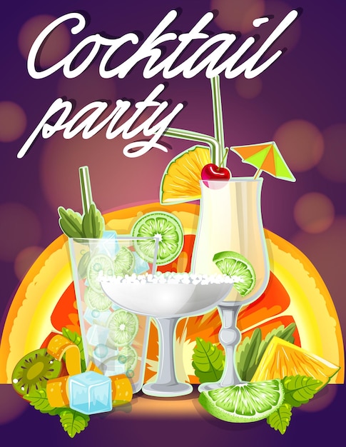 Vector cartel de fiesta de cóctel fondo púrpura mojito margarita y piña colada colección vacaciones de verano y ambiente disco resort fiesta de alcohol tarjeta de invitación ilustración vectorial