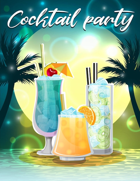 Vector cartel de fiesta de cóctel fondo verde azulado laguna ginebra y tónica colección de destornilladores vacaciones de verano y ambiente disco resort ilustración vectorial