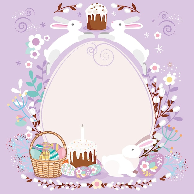 Un cartel para una fiesta de cumpleaños con un conejo y una canasta con un conejito en ella.