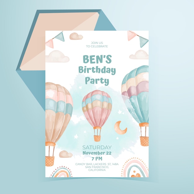 Vector cartel de fiesta de cumpleaños infantil acuarela de vector para niños con lindos globos boho, arco iris, banderas y nubes