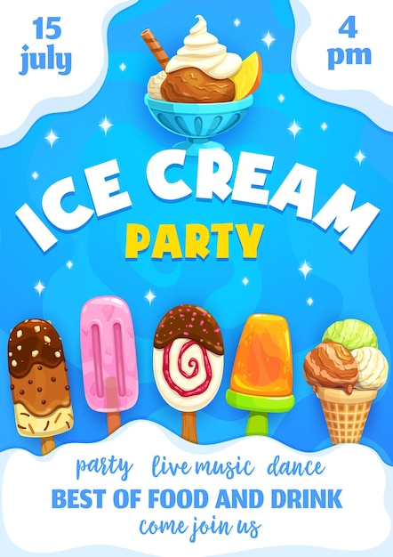 Cartel de fiesta de cumpleaños de jardín de infantes o cartel de invitación con postre de fiesta de cumpleaños de jardín de infantes con postre dulce congelado de helado