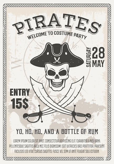 Cartel de fiesta de disfraces de piratas con cráneo sonriente cruzado sables en el mapa mundial y la brújula, ilustración vectorial