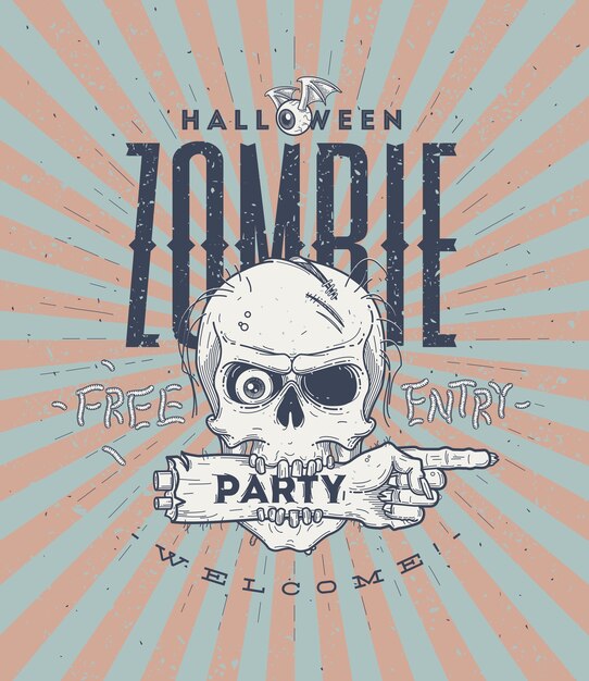 Cartel de fiesta de halloween con cabeza y mano de zombie - ilustración de arte lineal