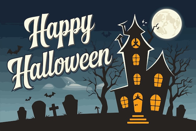 un cartel para una fiesta de Halloween con un castillo y un castillo en la parte superior