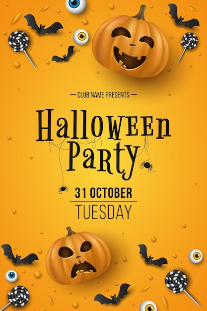 Cartel de fiesta de halloween con letras 3d dibujos animados emocionales calabazas sonrientes con ojos murciélagos de caramelo sobre fondo amarillo diseño de volante festivo invitación tarjeta de felicitación vector