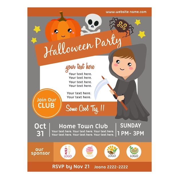 Cartel de fiesta de halloween con niña reaper