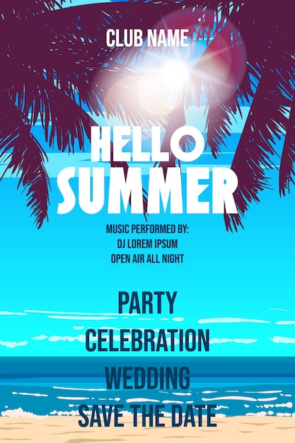 Vector el cartel de la fiesta de hello summer beach palms