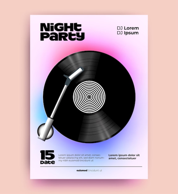 Cartel de fiesta de música de dj nocturno o plantilla de diseño de volante con disco de vinilo realista
