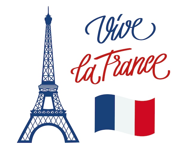 Cartel de la fiesta nacional del Día de la Bastilla Francia Torre Eiffel y letras manuscritas Ilustración