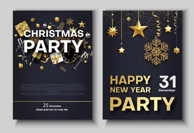Cartel de fiesta de Navidad y año nuevo o invitación con reloj Champagne y adornos navideños Conjunto de plantillas con espacio para texto Fondo de vector