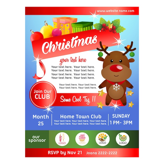 Cartel fiesta de navidad con caja de reno presente.