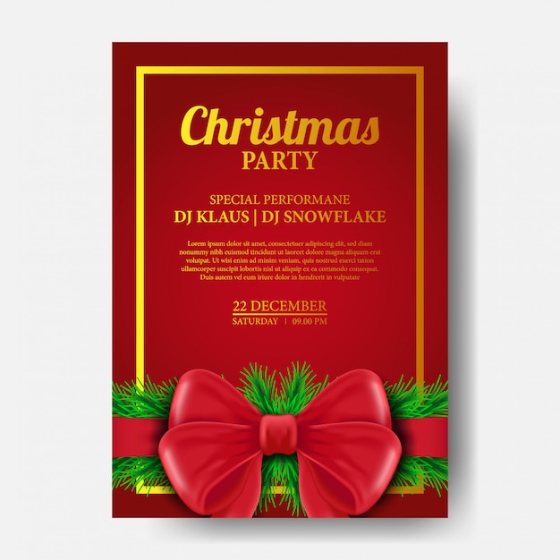 Cartel fiesta de Navidad con lazo rojo y hojas abeto guirnalda.