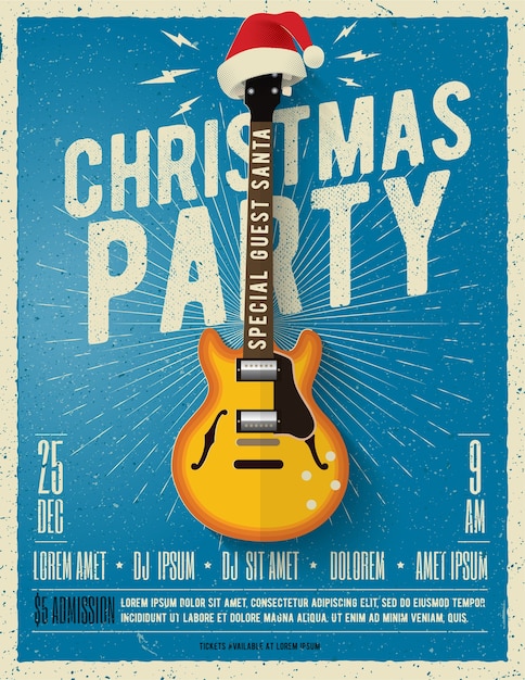 Cartel de fiesta de navidad o plantilla de volante con guitarra eléctrica con gorro de papá noel rojo sobre fondo azul.