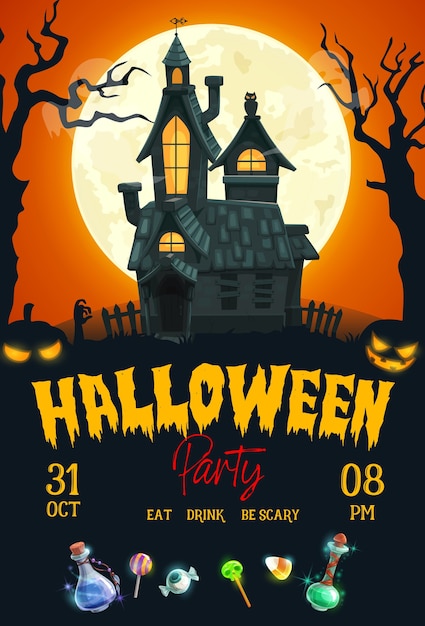 Cartel de fiesta de noche de terror de halloween con casa embrujada, calabazas aterradoras y luna.