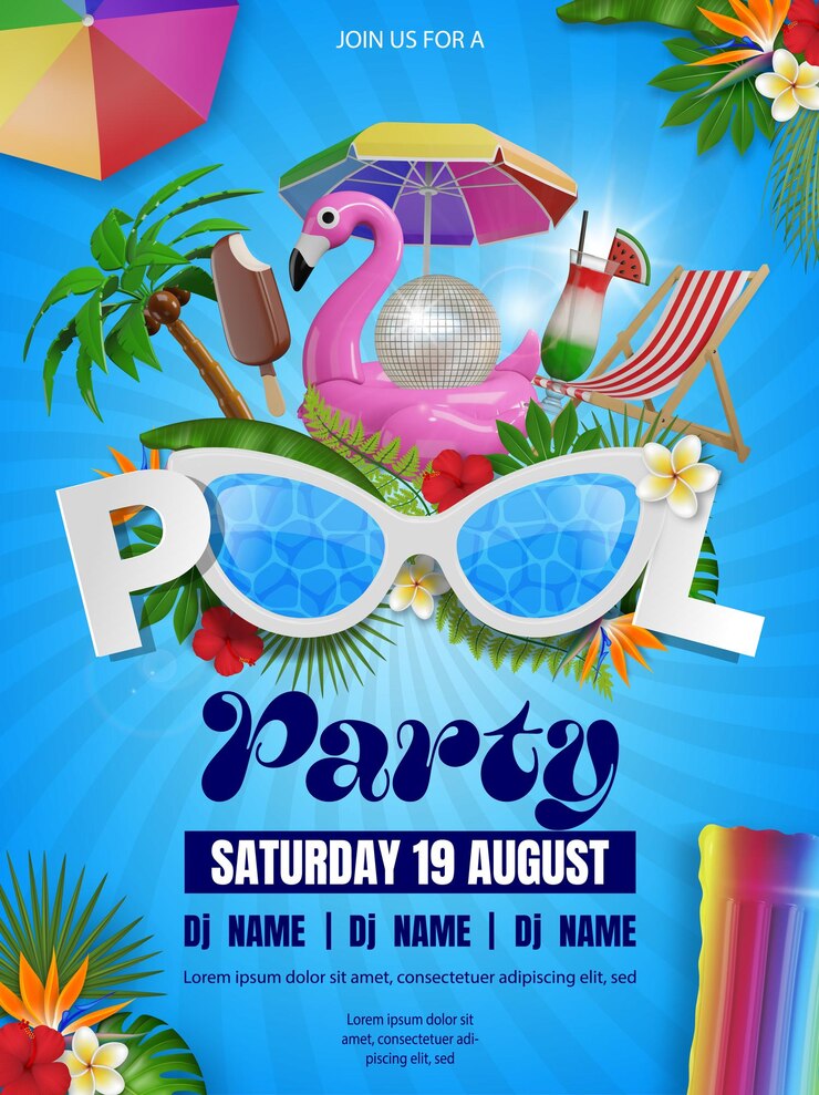 Vector un cartel para una fiesta con un par de gafas y un par de lentes de sol