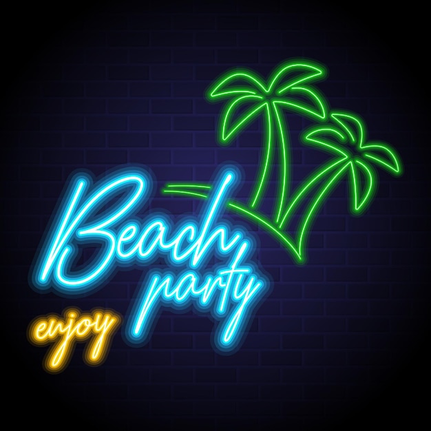 Cartel de fiesta en la playa con elementos brillantes de luz de neón