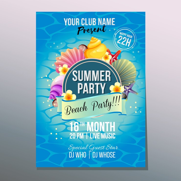 cartel de fiesta de playa de verano concha de mar