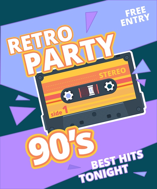 Cartel de fiesta retro. Etiqueta de los 90 con cartel de fondo de música en cassette de audio estéreo