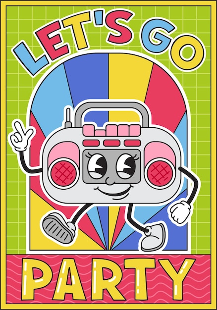 Cartel de fiesta retro de vuelta a s y s tocadiscos con piernas creatividad abstracta y positividad artística