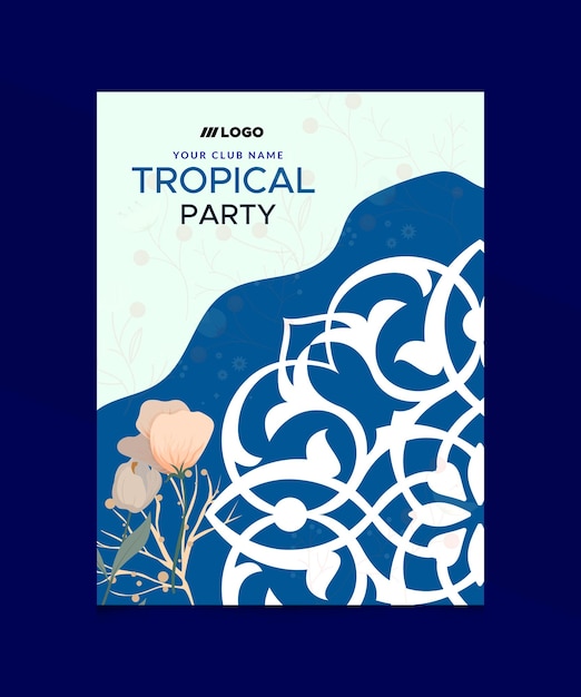 Un cartel para una fiesta tropical con flores y un fondo azul.