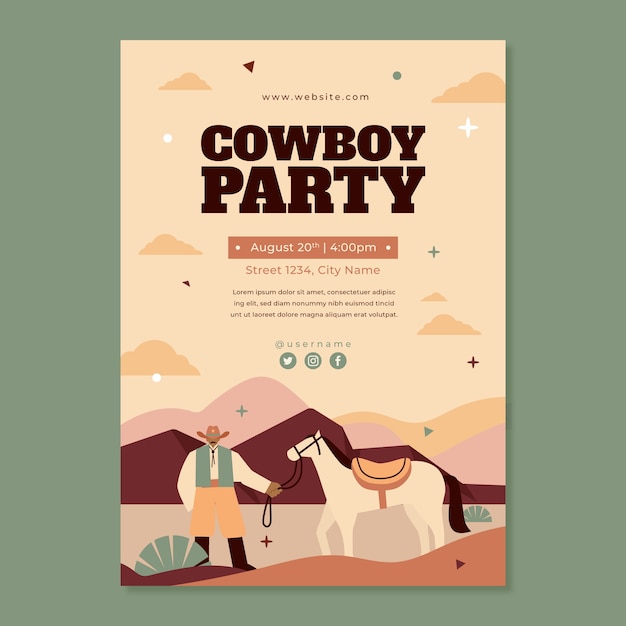 Cartel de fiesta vaquera de diseño plano