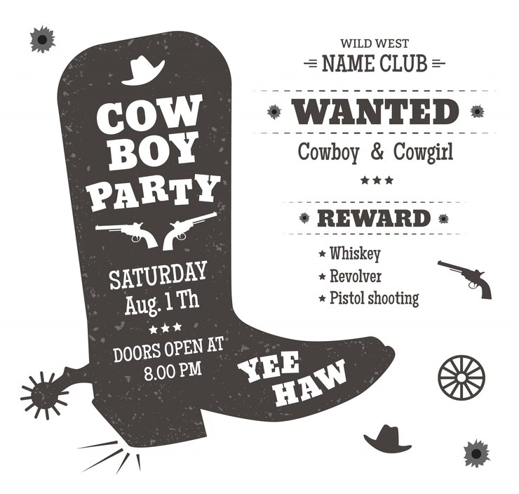 Vector cartel fiesta de vaquero o invitación en estilo occidental. botas de vaquero silueta con texto.