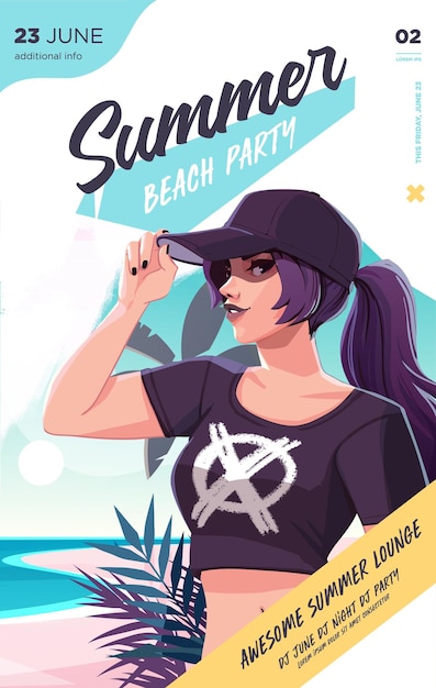 Cartel de fiesta de verano o plantilla de diseño de volante con mujer sexy en la invitación de fiesta en la playa